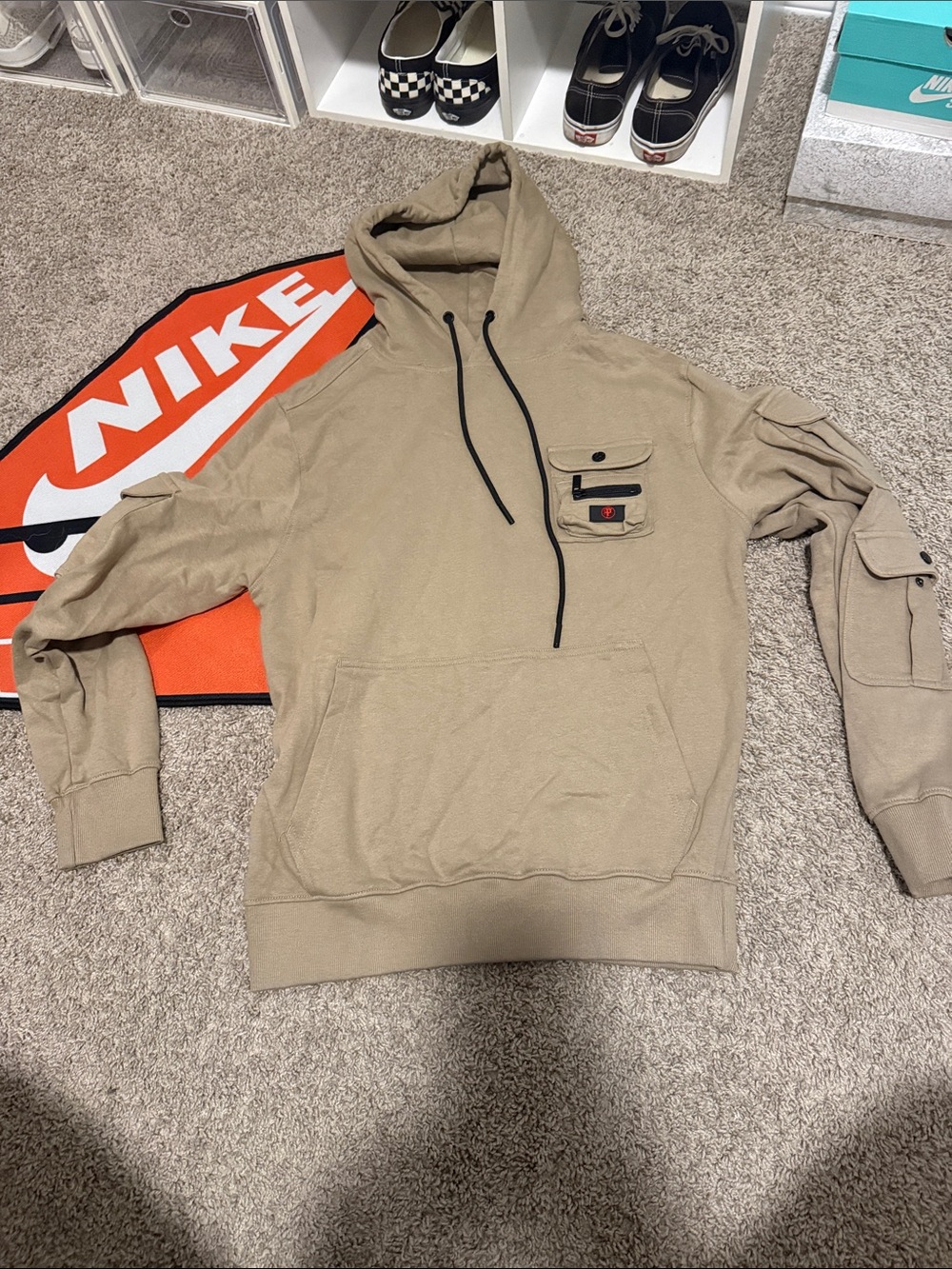 Men's Tan Hooded Pullover Sweatshirt with Utility Pocket New without tags